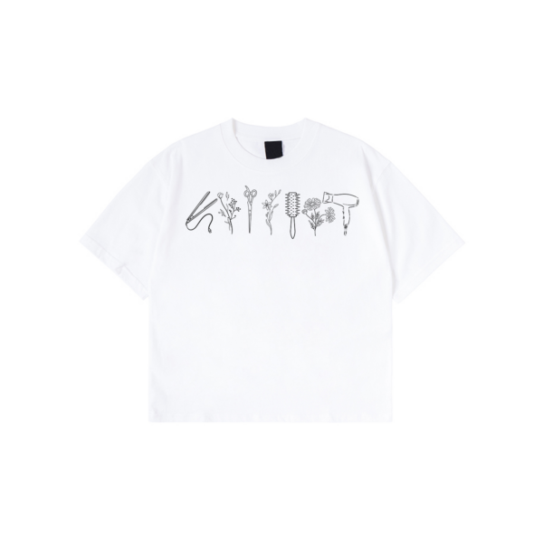 Hairstylist T-Shirt with floral salon tool print on black cotton fabric
