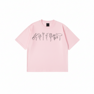 Hairstylist T-Shirt with floral salon tool print on black cotton fabric